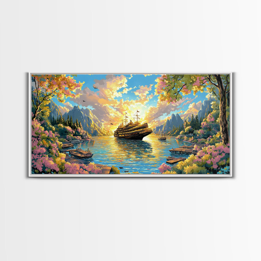 Mountain Lake With Blooming Flowers Wall Art, Fantasy Sailing Ship Canvas Print, Colorful Nature Landscape Large Home Decor
