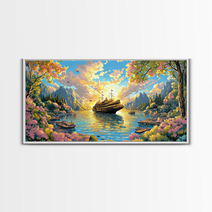 Mountain Lake With Blooming Flowers Wall Art, Fantasy Sailing Ship Canvas Print, Colorful Nature Landscape Large Home Decor