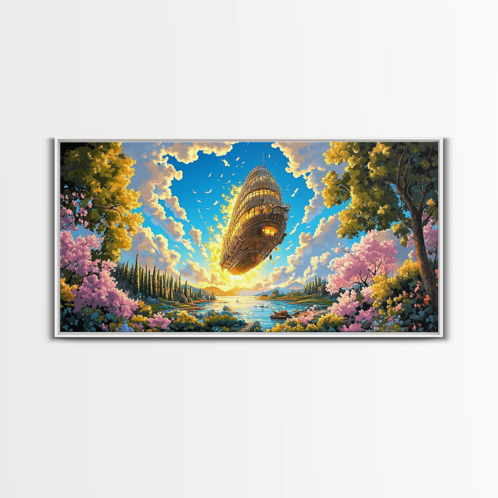 Golden Steampunk Airship Over Blossom Lake Canvas Print, Large Fantasy Landscape Wall Art, Whimsical Coastal Home Decor Gift