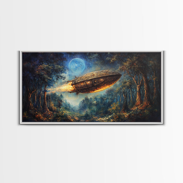 Moonlit Steampunk Airship In Dark Forest Framed Canvas Print, Fantasy Wall Art, Moody Gothic Living Room And Office Decor