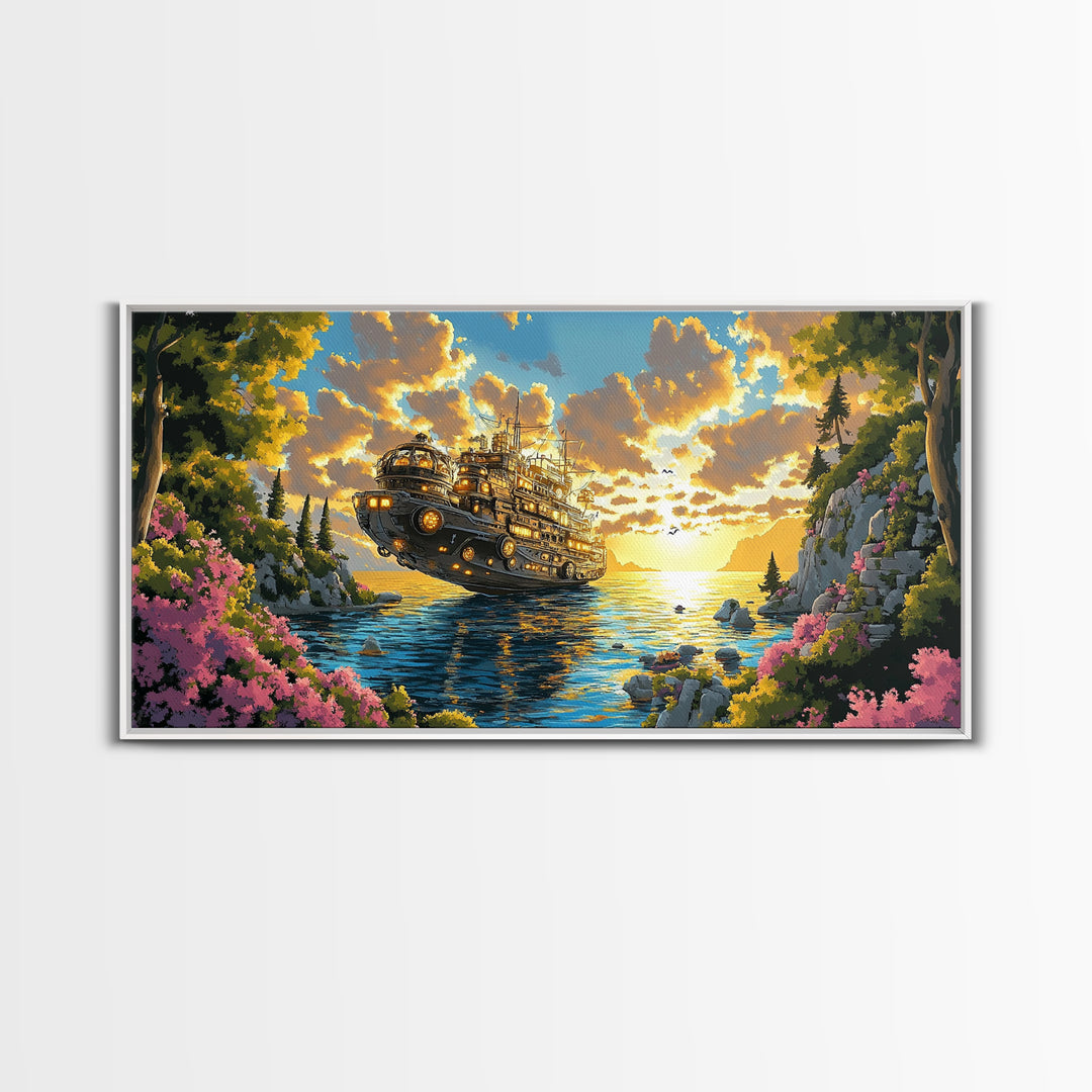 Mechanical Steampunk Ship On Sunlit Mountain Lake Canvas Print, Fantasy Wall Art, Colorful Coastal Living Room Decor Gift