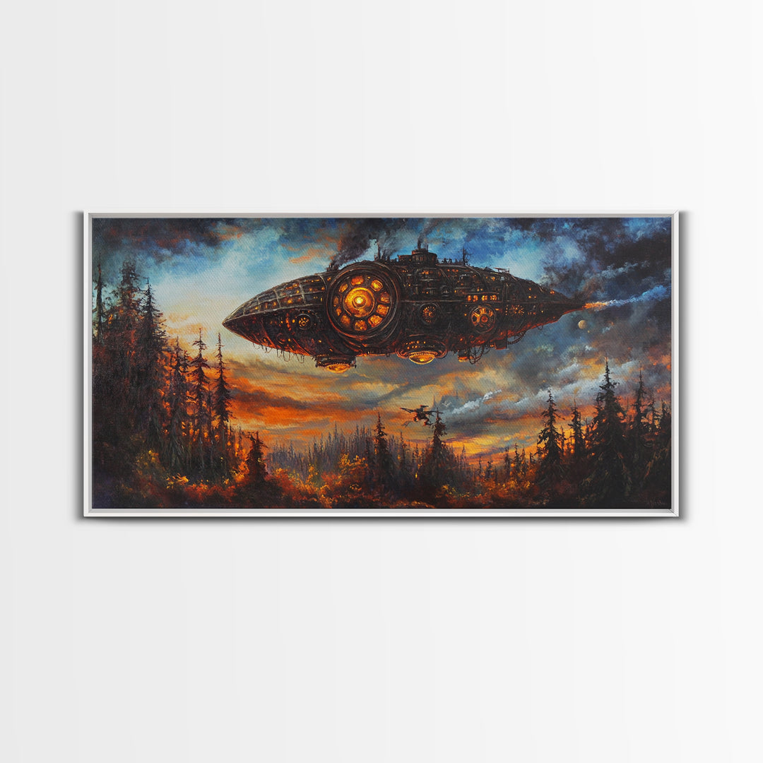 Dark Steampunk Airship Above Pine Forest Sunset Framed Canvas Print, Dystopian Sci Fi Wall Art, Moody Living Room Office Decor