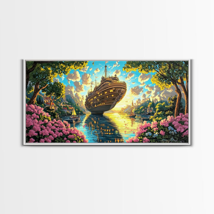 Ornate Floating Ship In Garden Harbor Canvas Print, Whimsical Fantasy Coastal Wall Art, Bright Lake House Living Room Decor