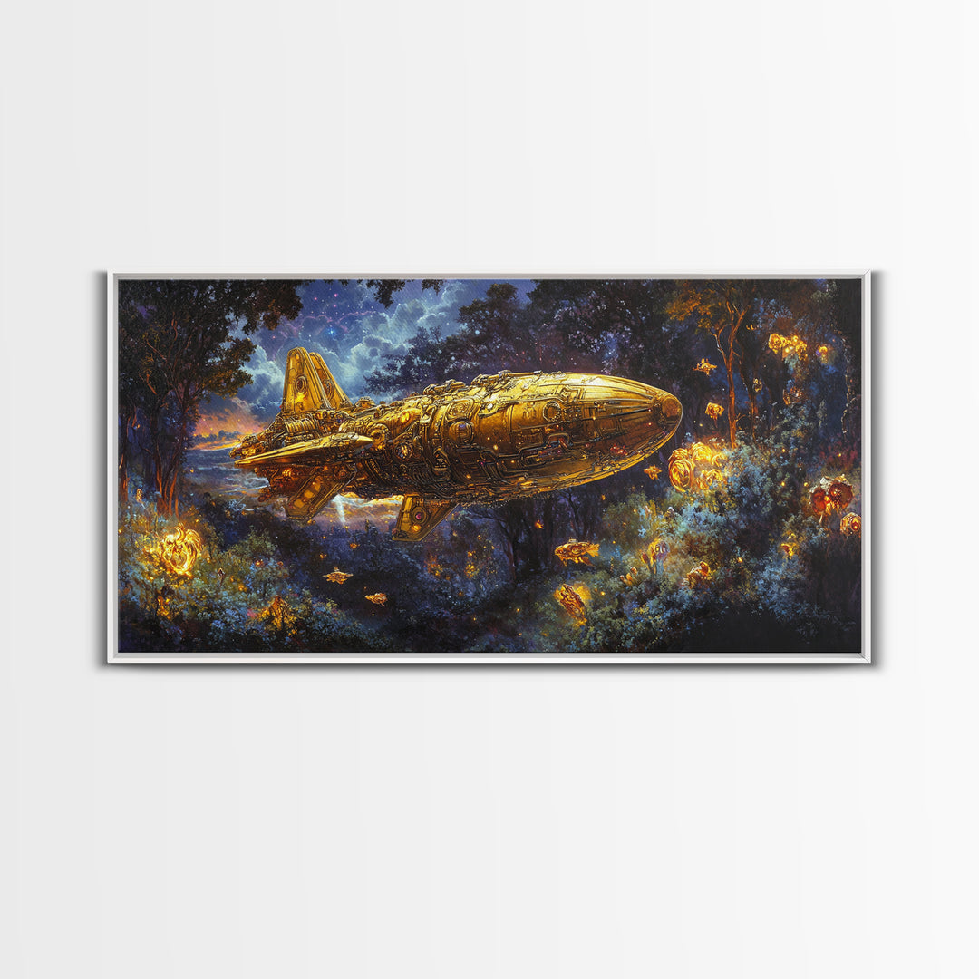 Golden Rocket Airship In Enchanted Night Forest Framed Canvas Print, Fantasy Wall Art, Firefly Woodland Decor For Bedroom