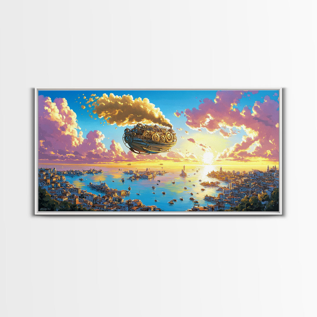 Pastel Steampunk Airship Over Coastal City Sunrise Canvas Print, Fantasy Travel Wall Art, Colorful Mediterranean Home Decor