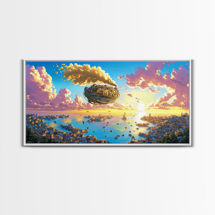 Pastel Steampunk Airship Over Coastal City Sunrise Canvas Print, Fantasy Travel Wall Art, Colorful Mediterranean Home Decor