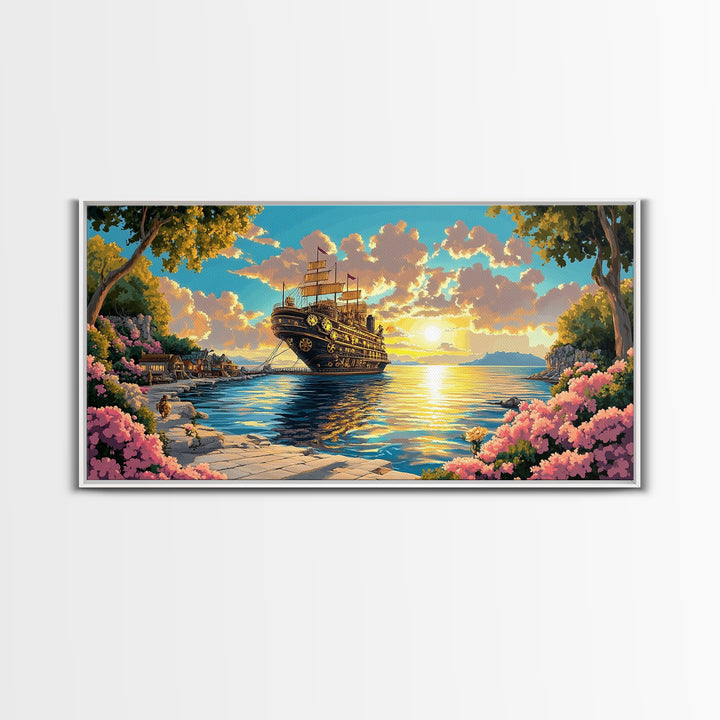 Ornate Steampunk Ship Docked In Flower Harbor Canvas Print, Fantasy Coastal Wall Art, Golden Sunset Living Room Decor Gift