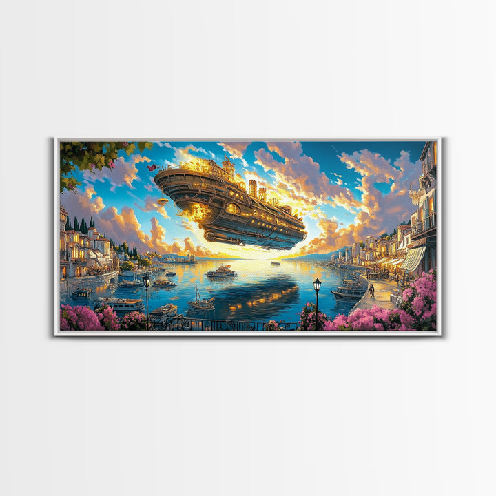 Golden Airship Above Mediterranean Harbor Canvas Print, Fantasy Travel Wall Art For Coastal Decor And Elegant Living Room Decor