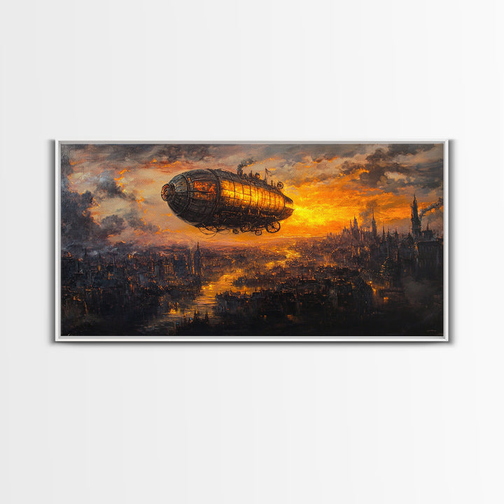 Moody Steampunk Airship At Fiery Sunset Framed Canvas Print, Dystopian City Wall Art For Gothic Office And Masculine Decor