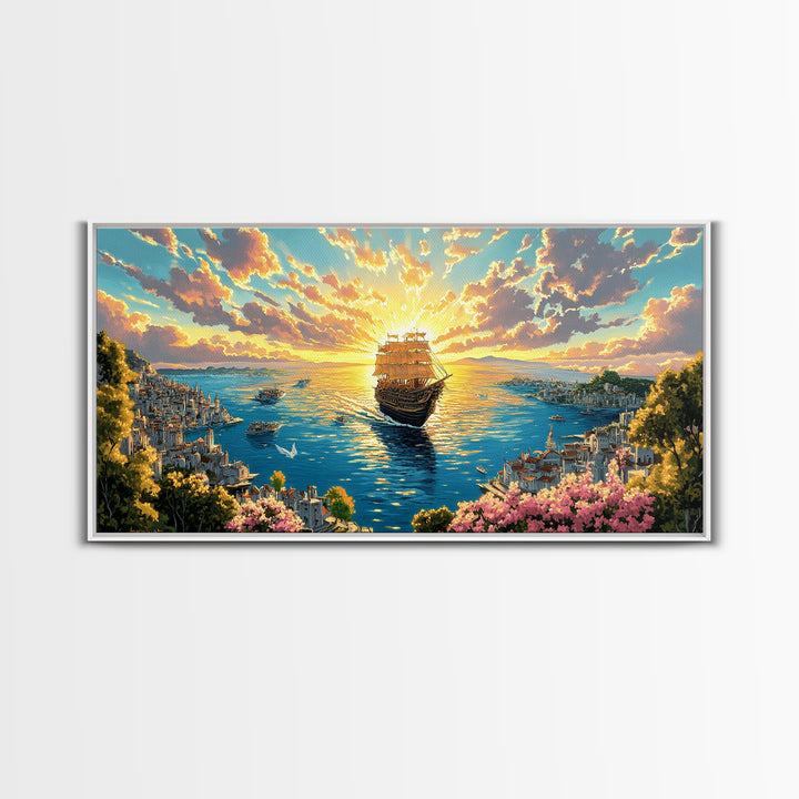 Radiant Tall Ship Sailing Into Golden Sunset Canvas Print, Nautical Wall Art For Coastal Living Room And Beach House Decor