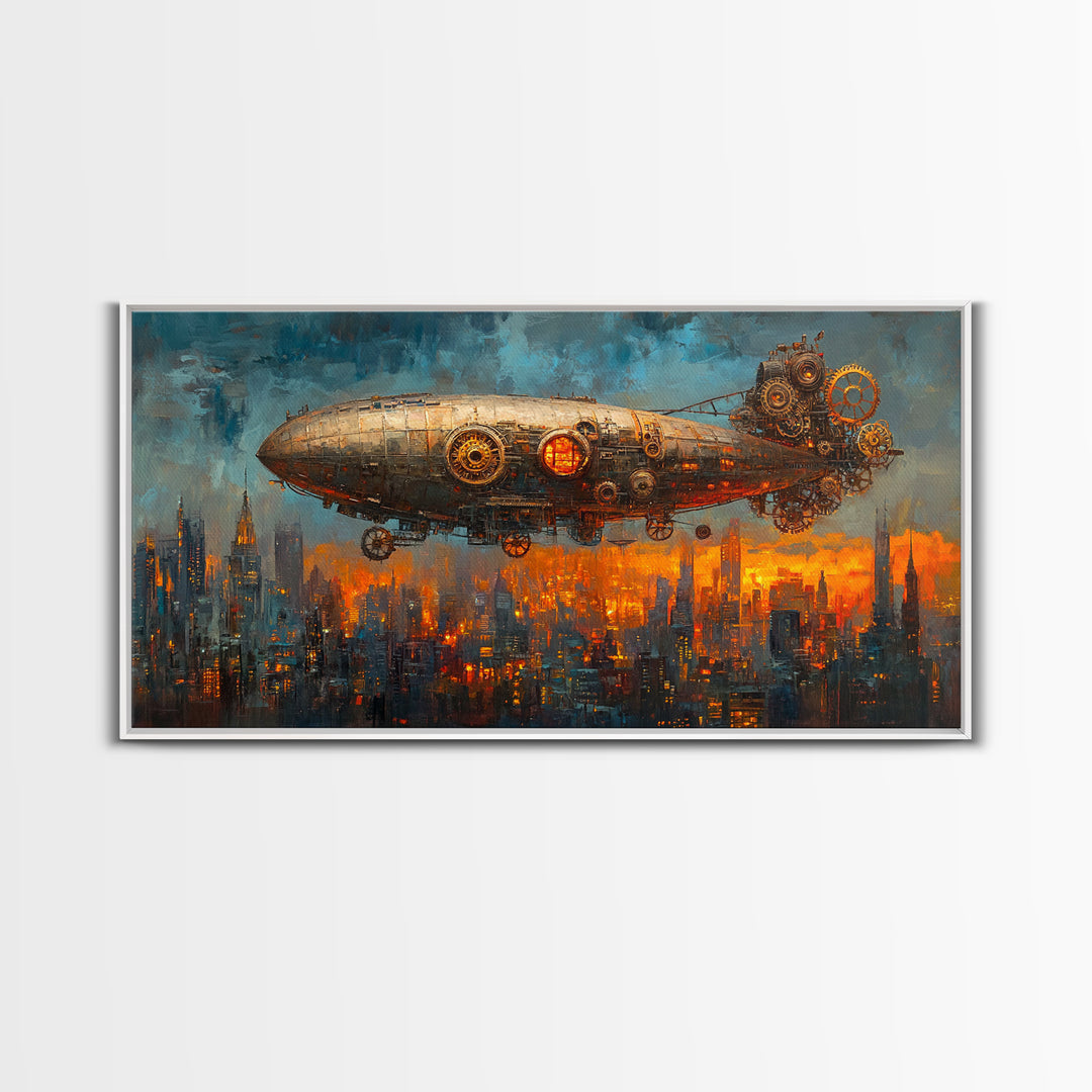Industrial Steampunk Zeppelin Over Orange City Canvas Print, Futuristic Wall Art For Sci Fi Office Decor And Urban Home Decor