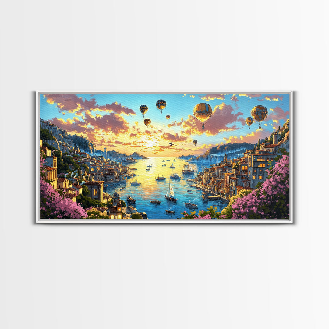 Hot Air Balloons Over Golden Harbor Canvas Print, Whimsical Coastal Wall Art For Travel Inspired Decor And Living Room Decor