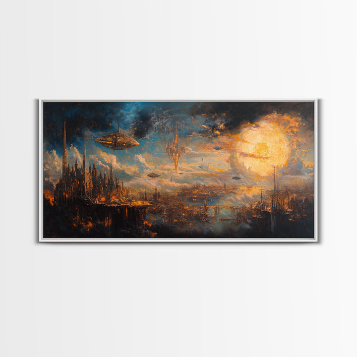 Steampunk Sky City With Airships Wall Art, Futuristic Fantasy Landscape, Dark Sci Fi Decor, Large Canvas Print For Office