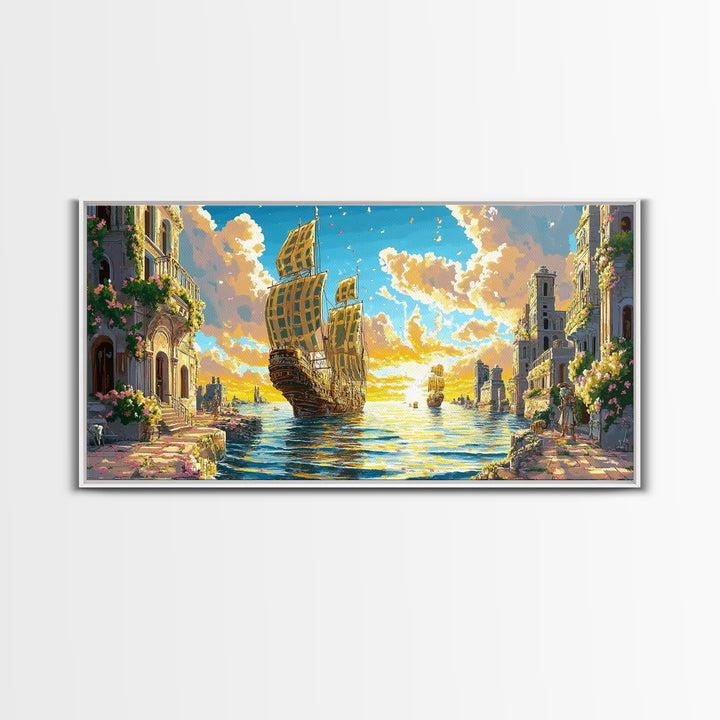 Golden Sailing Ship Canal Wall Art, Mediterranean Coastal Decor, Fantasy Seascape Canvas Print, Vibrant Living Room Art Print