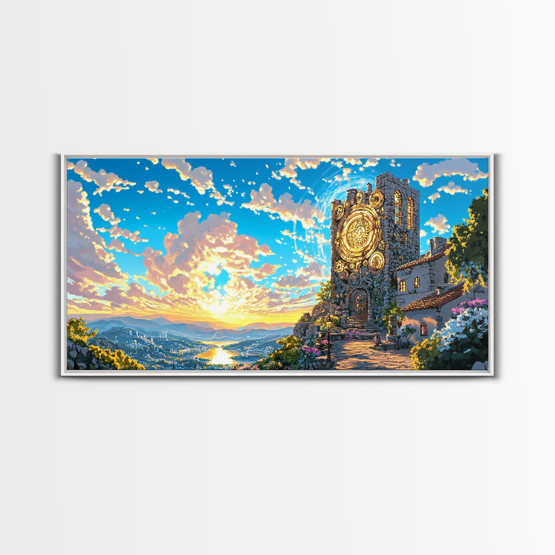 Golden Clock Tower At Sunset Wall Art, Steampunk Fantasy Landscape, Framed Canvas Print, Vibrant Travel Poster Decor Gift