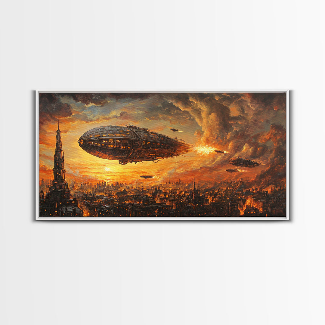 Fiery Airship Over Burning City Wall Art, Dark Steampunk Sci Fi Decor, Futuristic Landscape Canvas Print, Man Cave Art Gift