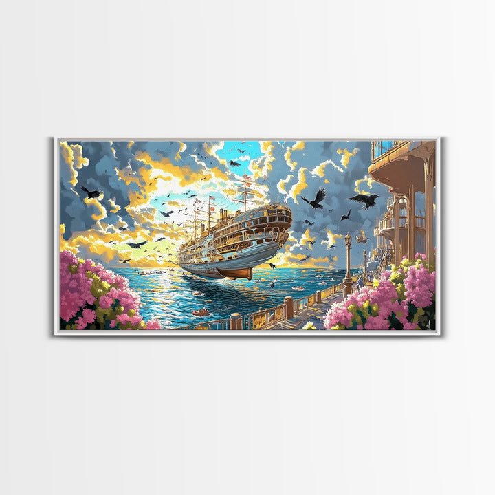 Sunlit Flying Ship By Floral Coast Wall Art, Whimsical Coastal Fantasy, Vibrant Canvas Print, Nautical Living Room Decor