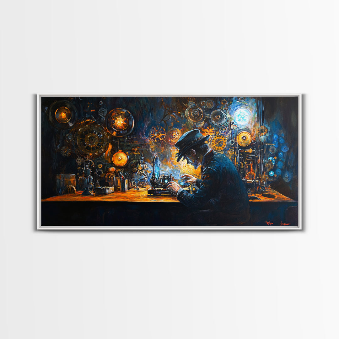 Steampunk Inventor At Workbench With Glowing Gears Framed Canvas Print, Dark Academia Wall Art, Office Decor, Gift For Him