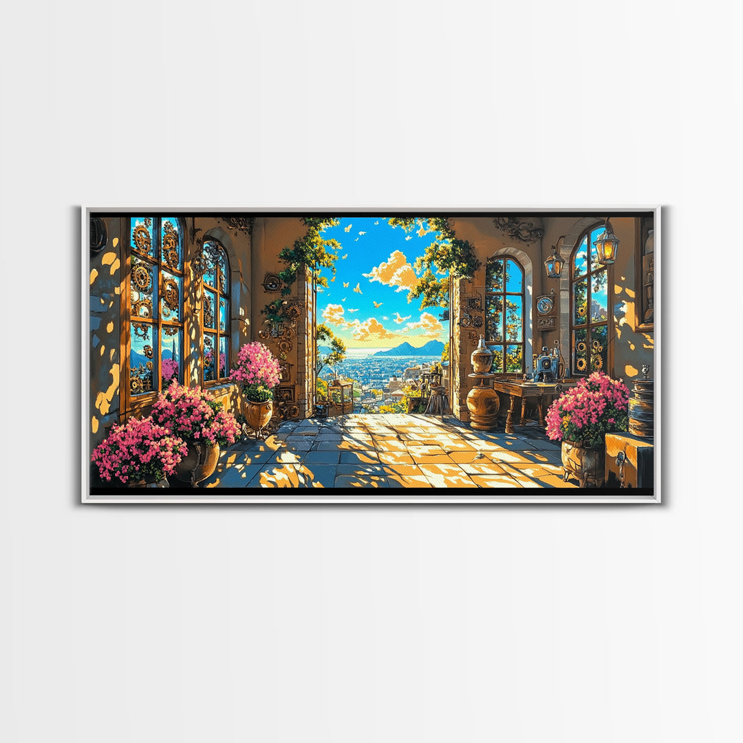 Sunlit Mediterranean Terrace With Pink Flowers Canvas Print, Coastal Wall Art, Italian Home Decor, Living Room Decor Gift