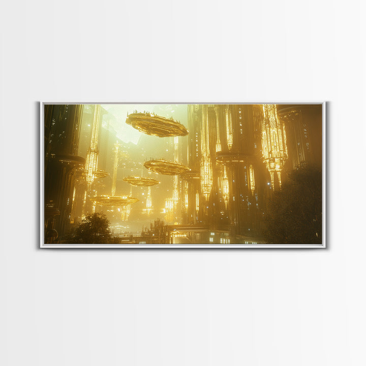 Golden Futuristic City With Floating Airships Framed Canvas Print, Sci Fi Wall Art, Cyberpunk Decor, Statement Artwork Gift For Him