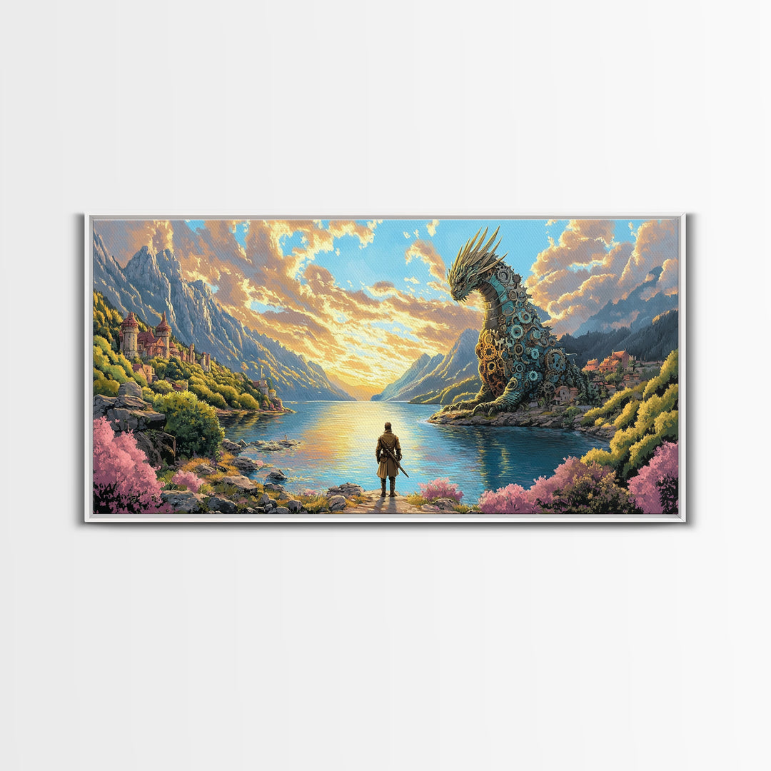 Hero Facing Giant Mechanical Dragon On Alpine Lake Canvas Print, Fantasy Wall Art, Mountain Wall Art, Adventure Home Decor