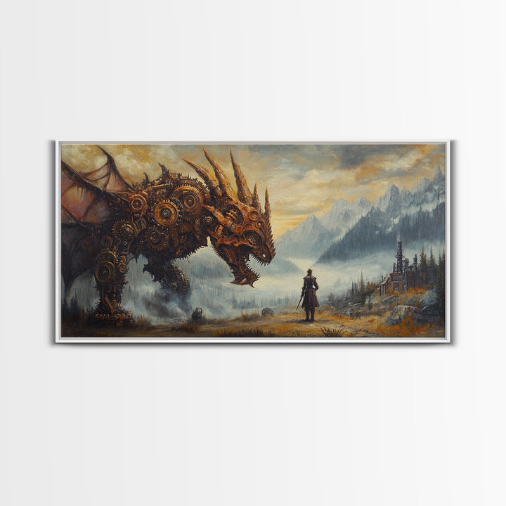 Steampunk Dragon Confronting Lone Traveler Framed Canvas Print, Fantasy Wall Art, Gothic Decor, Mountain Landscape Art, Gift For Him