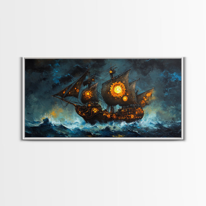 Stormy Steampunk Pirate Ship With Glowing Gears Canvas Print, Nautical Wall Art, Dark Fantasy Art, Moody Seascape Decor Gift For Him