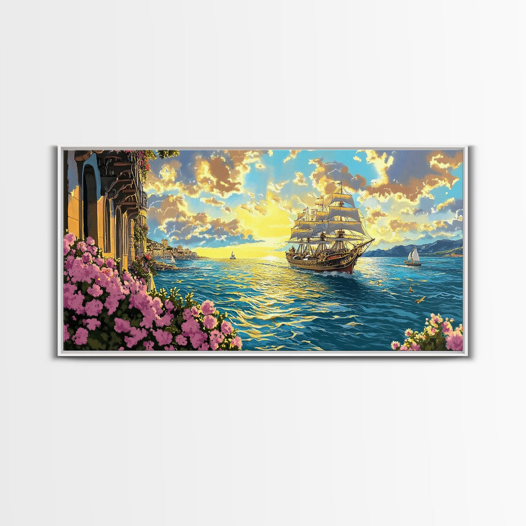 Sunset Tall Ship Sailing Past Flowered Balcony Canvas Print, Coastal Wall Art, Nautical Decor, Mediterranean Home Decor, Gift For Her