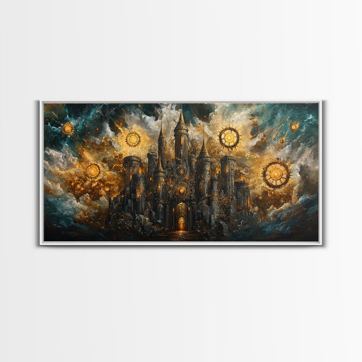 Dark Clockwork Castle Under Stormy Skies Framed Canvas Print, Gothic Wall Art, Steampunk Decor, Fantasy Home Decor, Statement Artwork