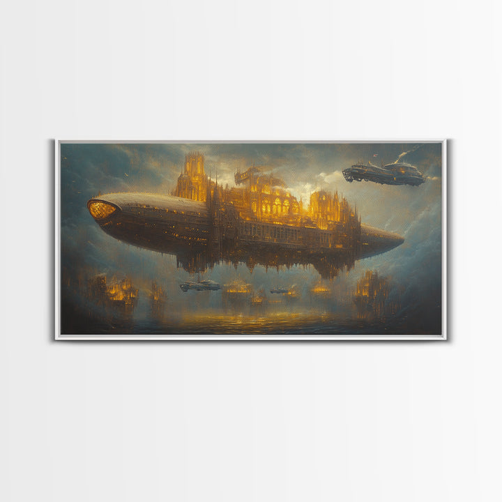 Golden Steampunk Airship City Framed Canvas Print, Futuristic Sci Fi Wall Decor, Dark Fantasy Art For Office Decor, Gift For Him