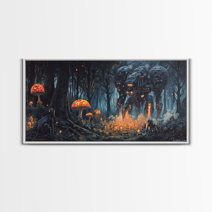 Glowing Mushroom Forest Mech Canvas Print, Dark Sci Fi Fantasy Wall Art, Cyberpunk Decor, Gamer Room Office Art, Gift For Him