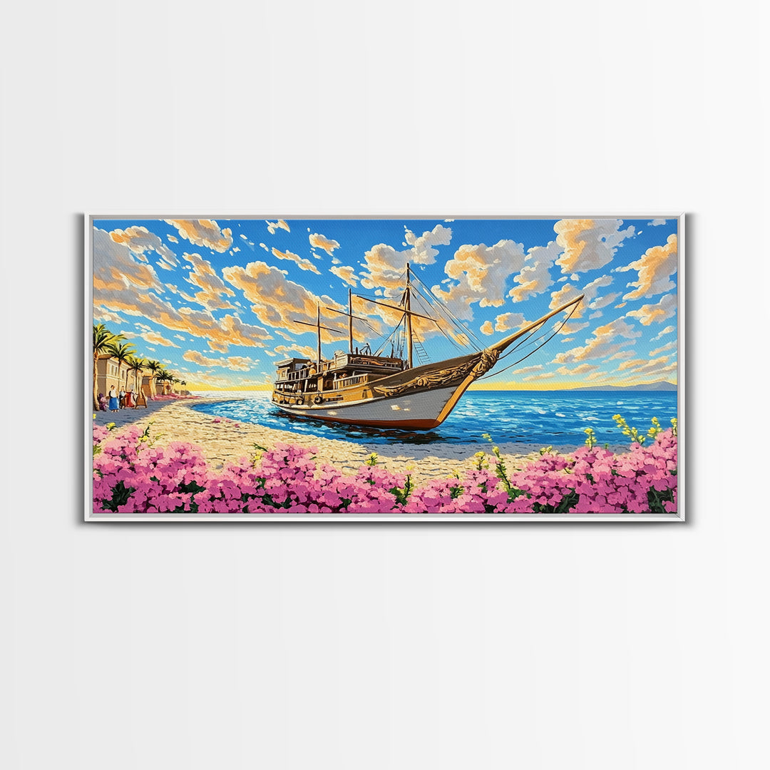 Classic Wooden Sailboat On Sunny Coast Wall Art, Nautical Canvas Print, Beach House Decor, Coastal Living Room Art Print