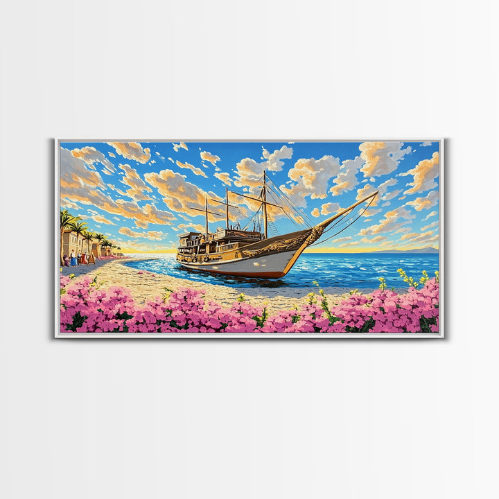Classic Wooden Sailboat On Sunny Coast Wall Art, Nautical Canvas Print, Beach House Decor, Coastal Living Room Art Print