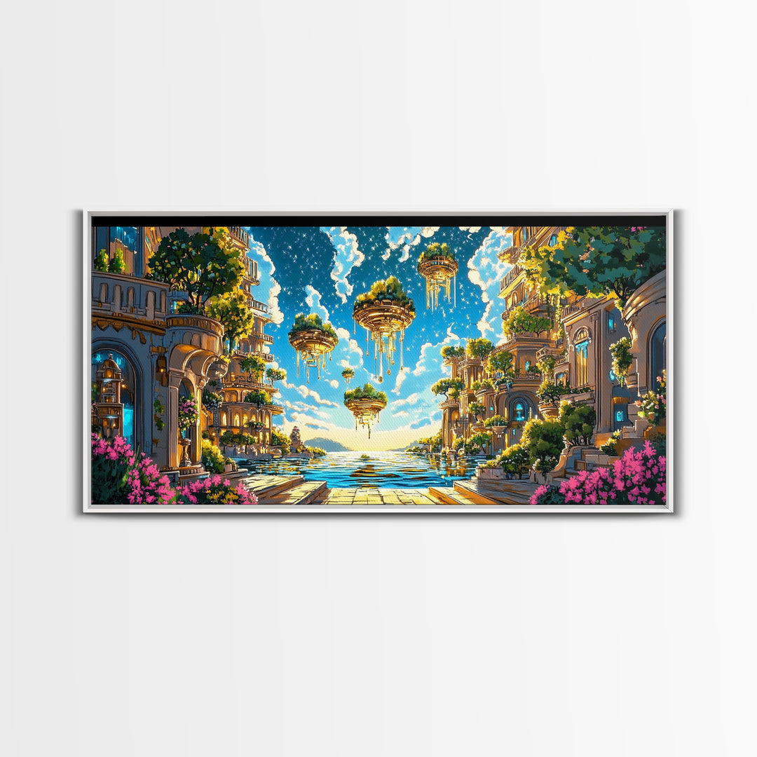 Floating Garden Islands Over Azure Sea Wall Art, Fantasy Coastal Canvas Print, Dreamy Mediterranean Home Decor Art Print