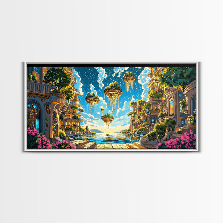 Floating Garden Islands Over Azure Sea Wall Art, Fantasy Coastal Canvas Print, Dreamy Mediterranean Home Decor Art Print