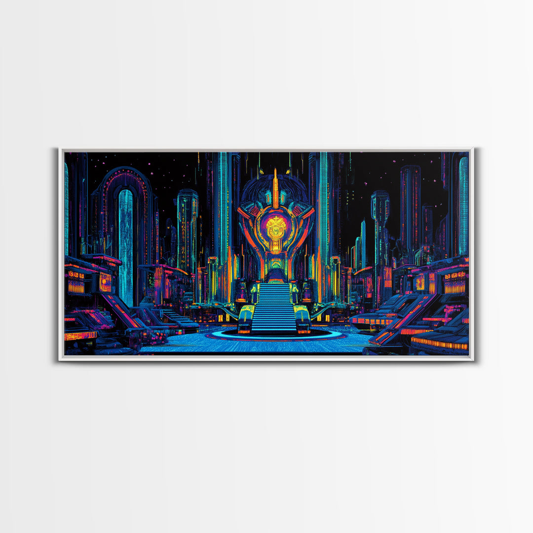 Neon Cyberpunk Throne Room Canvas Print, Futuristic Sci Fi Wall Art, Gaming Room Decor, Vibrant Office Wall Decor, Gift For Him