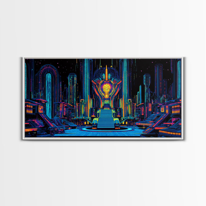 Neon Cyberpunk Throne Room Canvas Print, Futuristic Sci Fi Wall Art, Gaming Room Decor, Vibrant Office Wall Decor, Gift For Him