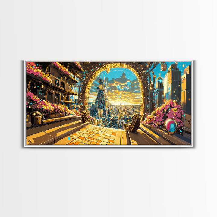 Golden Portal Balcony Over Future City Wall Art, Futuristic Canvas Print, Sci Fi Living Room Decor, Statement Office Art