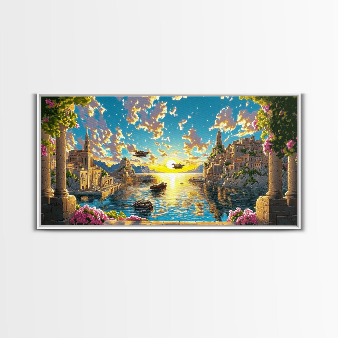 Sunlit Fantasy Harbor With Airships Canvas Print, Mediterranean Coastal Wall Art, Seascape Decor, Bright Living Room Print