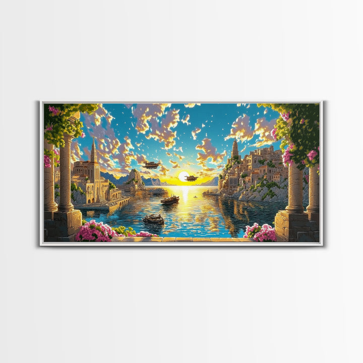Sunlit Fantasy Harbor With Airships Canvas Print, Mediterranean Coastal Wall Art, Seascape Decor, Bright Living Room Print