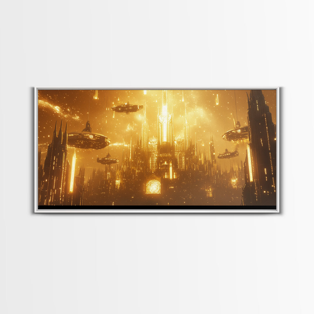 Glowing Golden Future Cathedral And Airships Canvas Print, Sci Fi Wall Art, Luxury Cyberpunk Decor, Oversized Statement Art