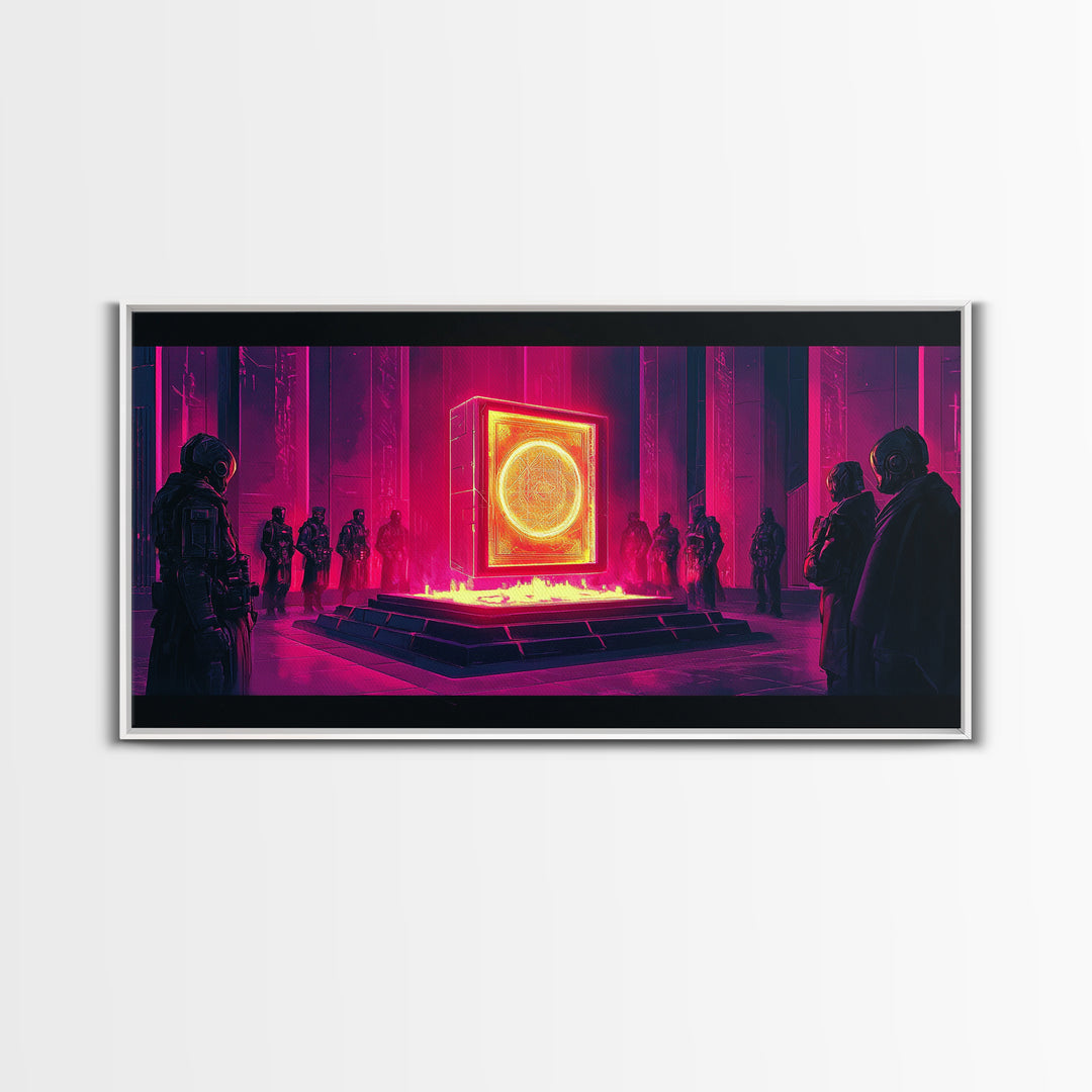 Neon Magenta Monolith Ritual Framed Canvas Print, Cyberpunk Wall Art, Sci Fi Decor, Dark Moody Futuristic Gallery Room Poster