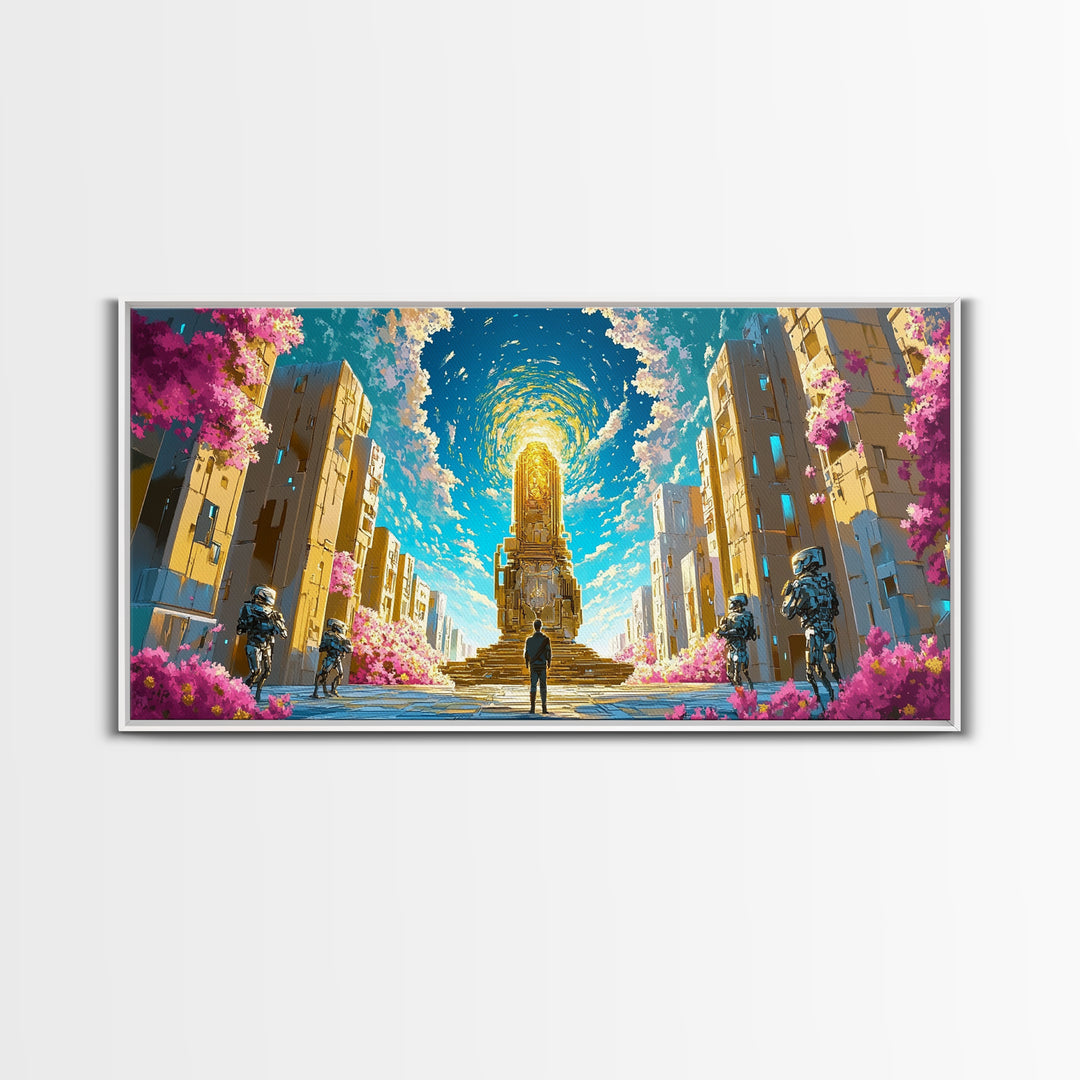 Celestial Portal Monument With Blossoms Wall Art, Modern Futuristic Sci Fi Canvas, Cyberpunk Decor, Vibrant Living Room Print