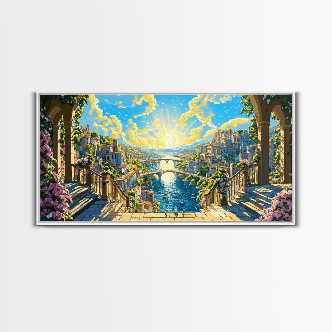 Sunlit Fantasy River City From Balcony Canvas Print, Mediterranean Wall Art, Colorful Coastal Decor, Bright Above Sofa Print