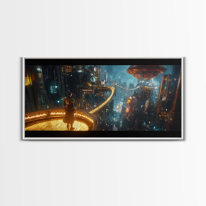 Cyberpunk Balcony Over Neon Megacity Wall Art, Futuristic Sci Fi Canvas, Dystopian Cityscape Large Office Living Room Print