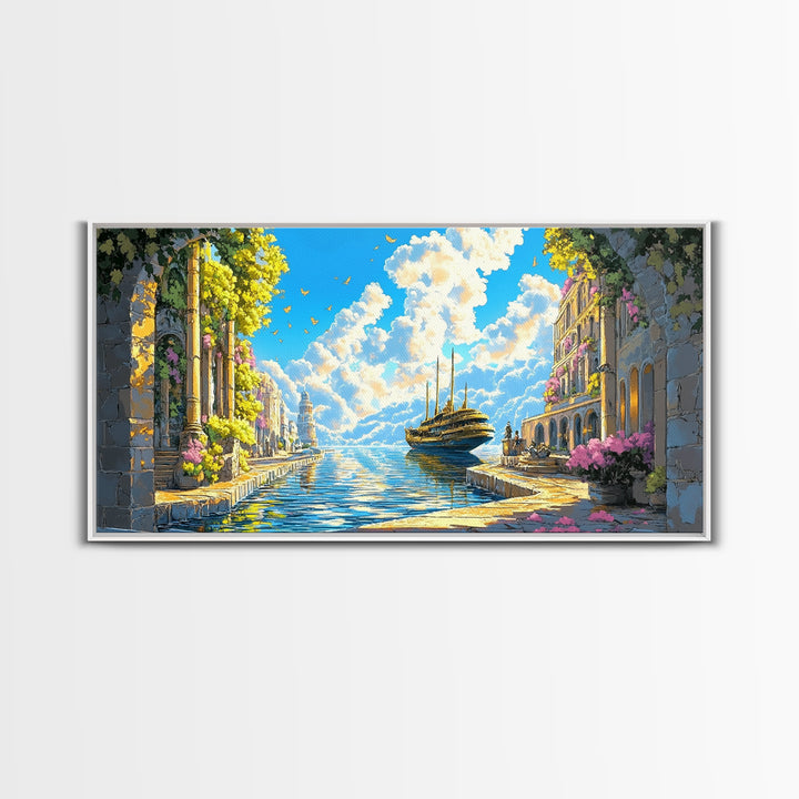 Sunlit Mediterranean Canal And Flowered Stone City Wall Art, Coastal Italy Canvas Print For Living Room Decor And Beach House Decor