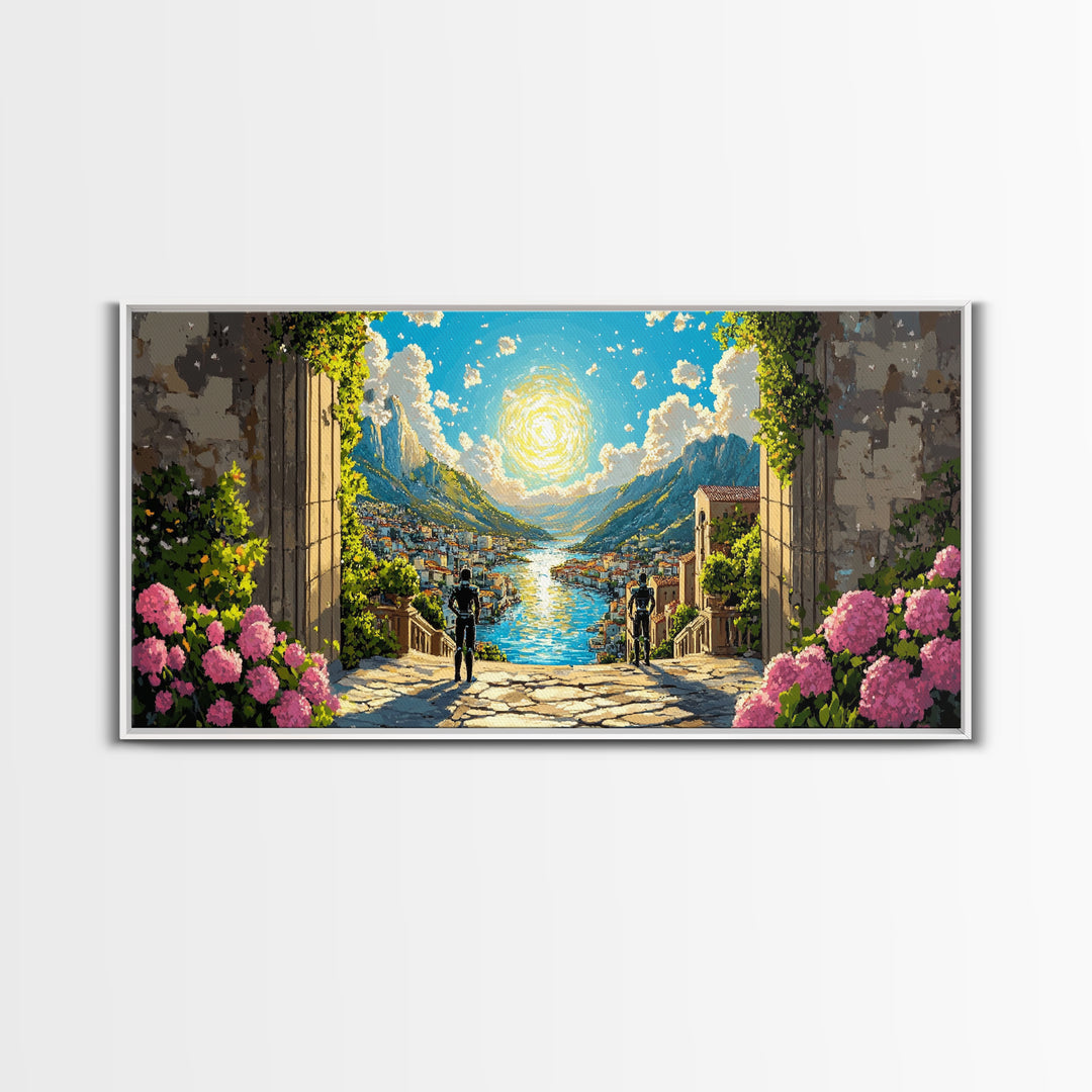 Radiant Alpine Lake Como Village Through Stone Arch Wall Art, Italian Landscape Print For Elegant Home Decor And Travel Lover Gift
