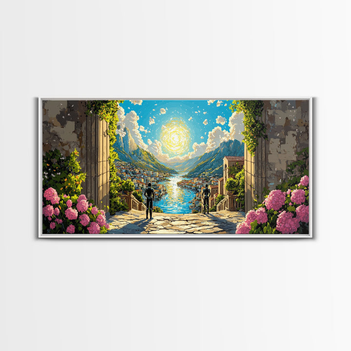 Radiant Alpine Lake Como Village Through Stone Arch Wall Art, Italian Landscape Print For Elegant Home Decor And Travel Lover Gift