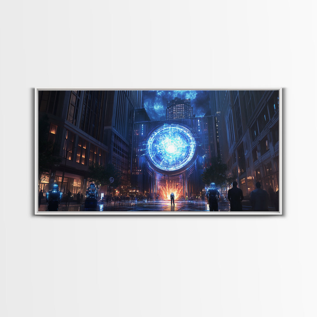 Blue Cosmic Portal Over Dark City Street Framed Canvas Print, Sci Fi Wall Art For Gaming Room Decor And Modern Cyberpunk Decor