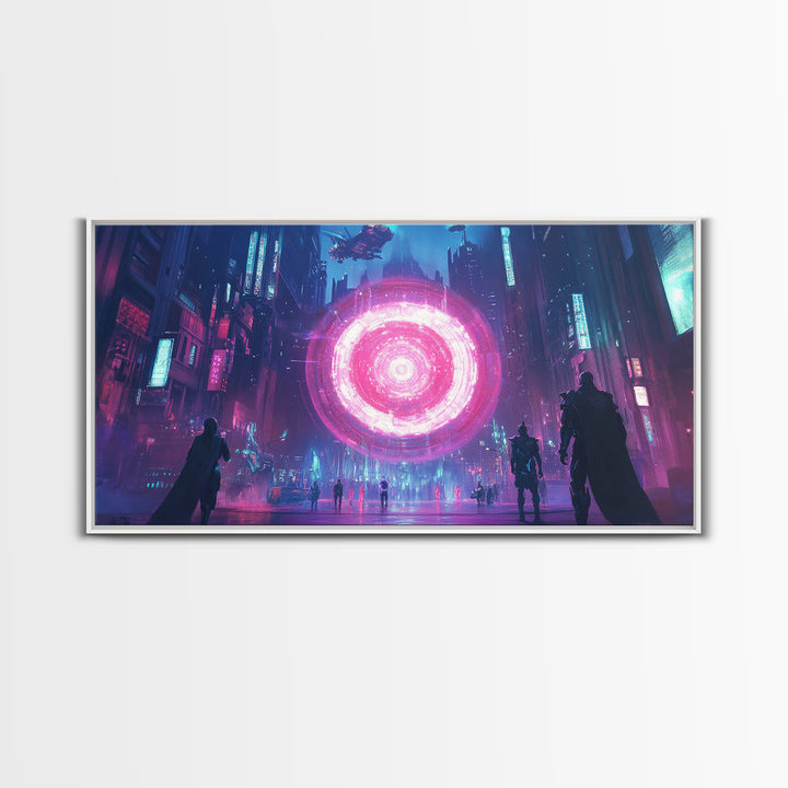 Neon Pink Portal In Rainy Cyberpunk Megacity Canvas Print, Futuristic Wall Art For Gaming Room Decor And Sci Fi Gift For Him